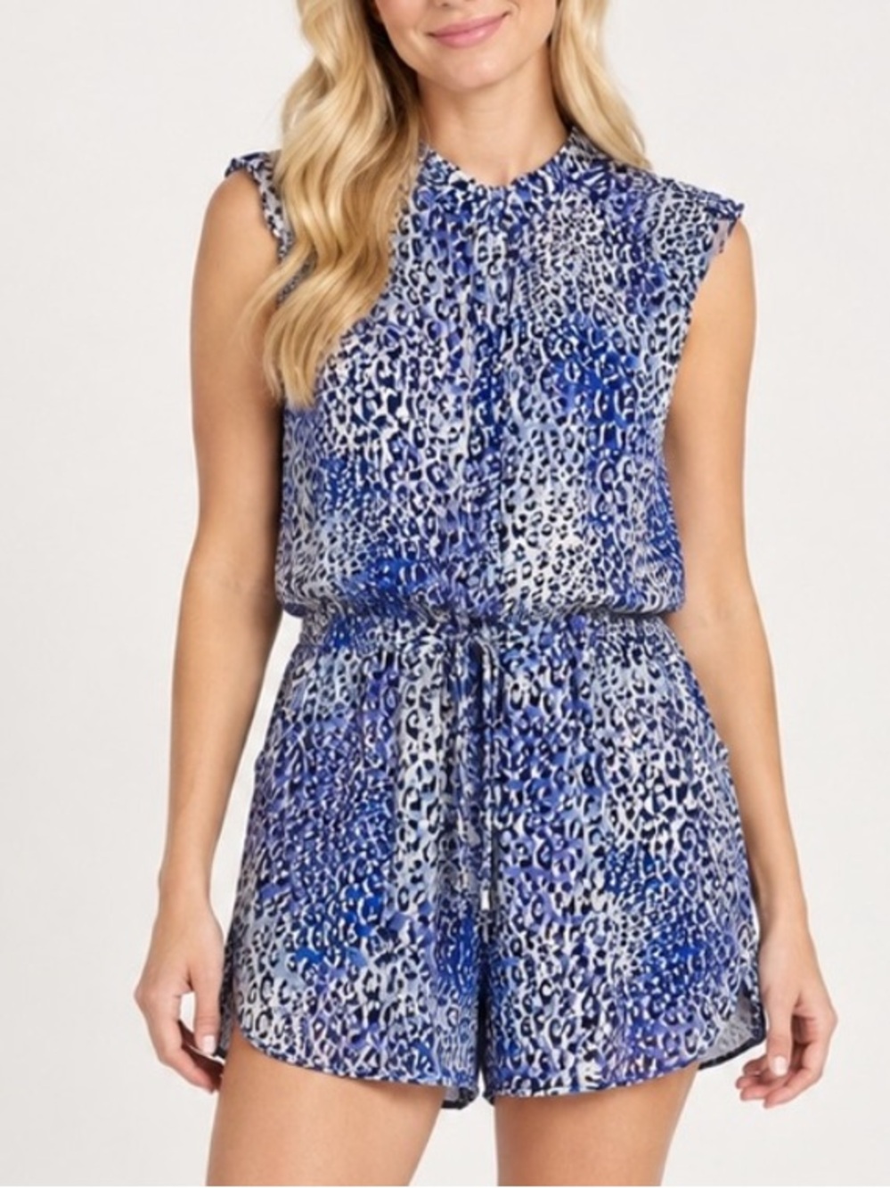 Rebecca Taylor Leo Fever Blue Leopard Print Silk Romper Size 4 Sleeveless 6116